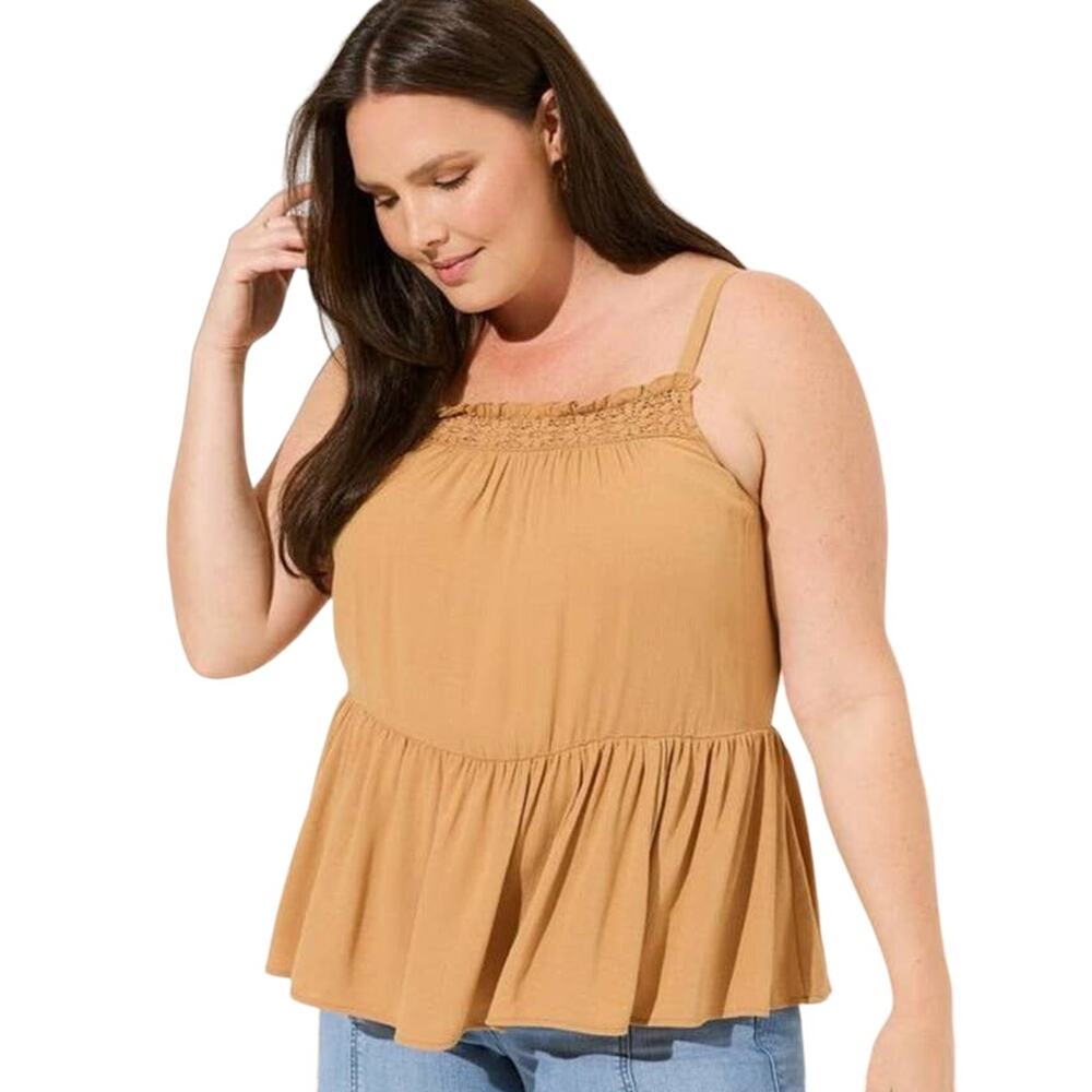 New Torrid Womans 2 2X Plus Blouse Crinkle Gauze Tank Crochet Biscuit‎ NWT